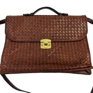 Bottega Veneta Cognac Brown Woven Leather Briefcase Top Handle Gold Buckle